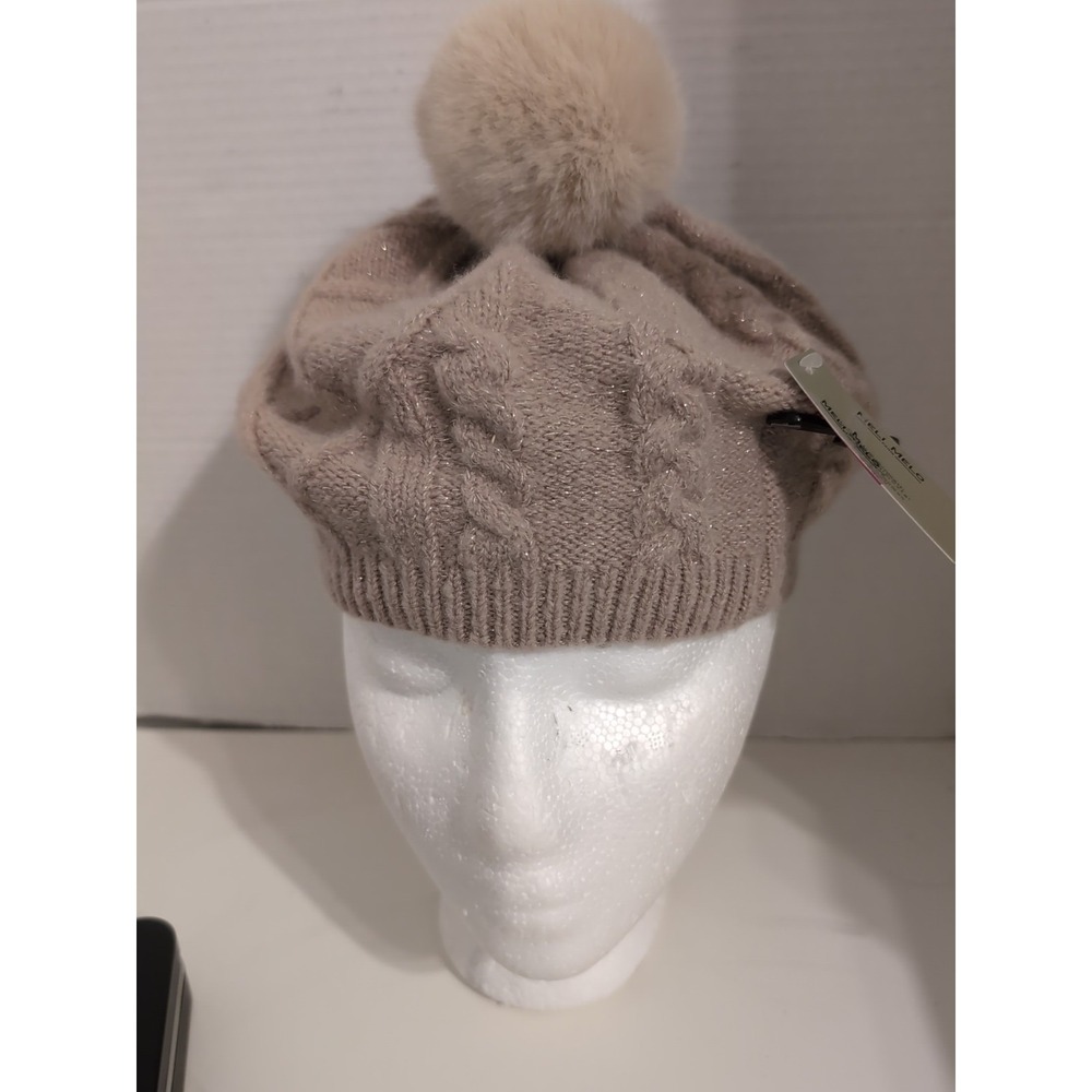 Meli Melo Cable Knit Sparkle Winter Hat With Pom Pom Taupe NWT